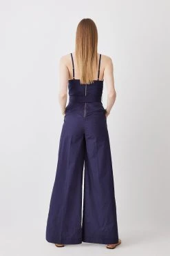 Karen Millen Cotton Top Stitch Pleated Jumpsuit -Karen Millen shop navy cotton top stitch pleated jumpsuit 2