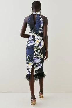 Karen Millen Italian Signature Stretch Placed Floral Feather Hem Midi Dress -Karen Millen shop navy italian signature stretch placed floral feather hem midi dress 4