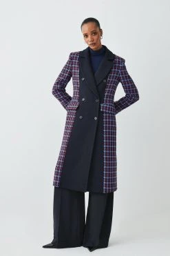 Karen Millen Italian Virgin Wool Colourblock Tweed Coat -Karen Millen shop navy italian virgin wool colourblock tweed coat 1 3
