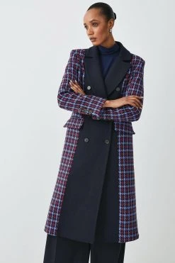 Karen Millen Italian Virgin Wool Colourblock Tweed Coat -Karen Millen shop navy italian virgin wool colourblock tweed coat 1 5