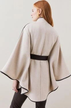 Karen Millen Italian Wool Pu Tipped Cape -Karen Millen shop navy italian wool pu tipped cape 1 3