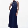 Karen Millen Lace Embellished Halter Pleated Woven Midi Dress -Karen Millen shop navy lace embellished halter pleated woven midi dress