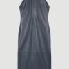 Karen Millen Leather High Neck Clean Column Maxi Dress -Karen Millen shop navy leather high neck clean column maxi dress
