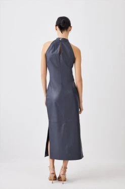 Karen Millen Leather High Neck Clean Column Maxi Dress -Karen Millen shop navy leather high neck clean column maxi dress 2