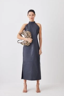 Karen Millen Leather High Neck Clean Column Maxi Dress -Karen Millen shop navy leather high neck clean column maxi dress 3
