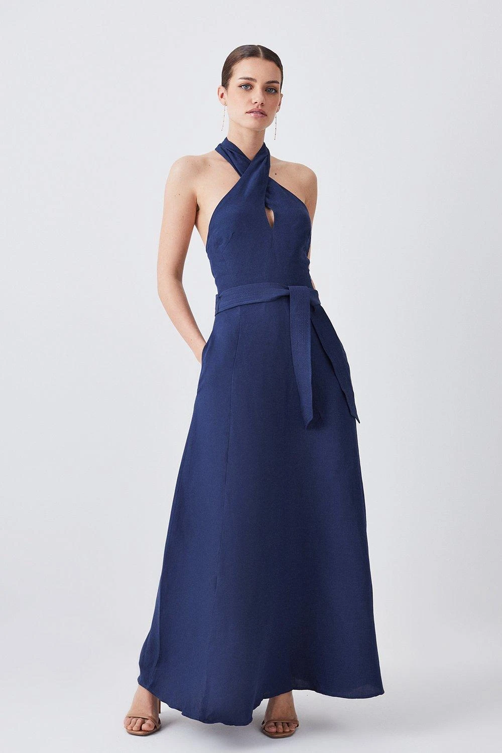 Karen Millen Lydia Millen Petite Linen Halter Neck Tie Waist Midi Dress 4 Karen Millen Lydia Millen Petite Linen Halter Neck Tie Waist Midi Dress - Image 2