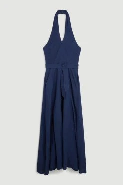 Karen Millen Lydia Millen Petite Linen Halter Neck Tie Waist Midi Dress