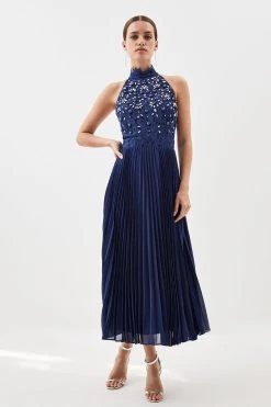 Karen Millen Petite Lace Embellished Halter Pleated Woven Midi Dress -Karen Millen shop navy petite lace embellished halter pleated woven midi dress 1