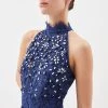 Karen Millen Petite Lace Embellished Halter Pleated Woven Midi Dress 1 Karen Millen Petite Lace Embellished Halter Pleated Woven Midi Dress -Karen Millen shop navy petite lace embellished halter pleated woven midi dress