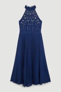 Karen Millen Petite Lace Embellished Halter Pleated Woven Midi Dress -Karen Millen shop navy petite lace embellished halter pleated woven midi dress 2