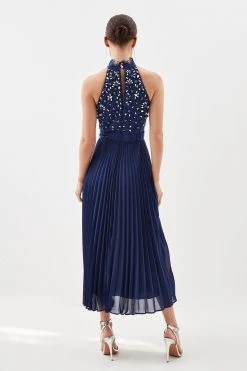 Karen Millen Petite Lace Embellished Halter Pleated Woven Midi Dress -Karen Millen shop navy petite lace embellished halter pleated woven midi dress 3