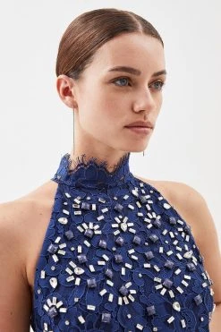 Karen Millen Petite Lace Embellished Halter Pleated Woven Midi Dress -Karen Millen shop navy petite lace embellished halter pleated woven midi dress 4