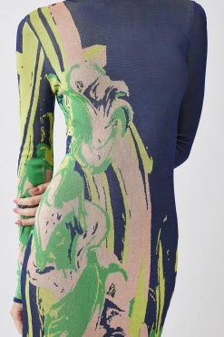 Karen Millen Petite Slinky Jacquard Long Sleeve Knitted Maxi Dress -Karen Millen shop navy petite slinky jacquard long sleeve knitted maxi dress 1