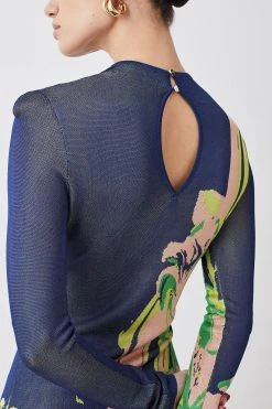 Karen Millen Petite Slinky Jacquard Long Sleeve Knitted Maxi Dress -Karen Millen shop navy petite slinky jacquard long sleeve knitted maxi dress 2