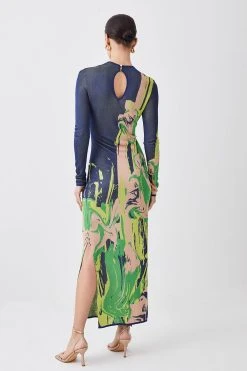 Karen Millen Petite Slinky Jacquard Long Sleeve Knitted Maxi Dress -Karen Millen shop navy petite slinky jacquard long sleeve knitted maxi dress 5