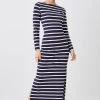 Karen Millen Petite Stripe Long Sleeve Cotton Jersey Midi Dress -Karen Millen shop navy petite stripe long sleeve cotton jersey midi dress