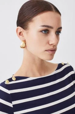 Karen Millen Petite Stripe Long Sleeve Cotton Jersey Midi Dress -Karen Millen shop navy petite stripe long sleeve cotton jersey midi dress 1 1