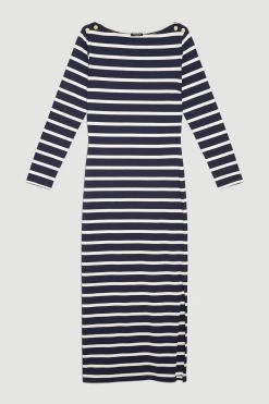 Karen Millen Petite Stripe Long Sleeve Cotton Jersey Midi Dress -Karen Millen shop navy petite stripe long sleeve cotton jersey midi dress 1 2