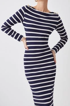 Karen Millen Petite Stripe Long Sleeve Cotton Jersey Midi Dress -Karen Millen shop navy petite stripe long sleeve cotton jersey midi dress 1 3
