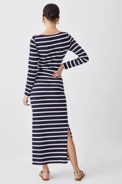 Karen Millen Petite Stripe Long Sleeve Cotton Jersey Midi Dress -Karen Millen shop navy petite stripe long sleeve cotton jersey midi dress 1 4