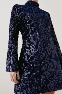 Karen Millen Petite Velvet Sequinned Woven Mini Dress -Karen Millen shop navy petite velvet sequinned woven mini dress 2