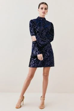 Karen Millen Petite Velvet Sequinned Woven Mini Dress