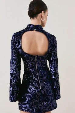 Karen Millen Petite Velvet Sequinned Woven Mini Dress -Karen Millen shop navy petite velvet sequinned woven mini dress 4