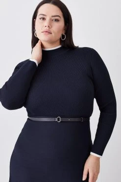Karen Millen Plus Size Rib Knit Belted Midi Dress -Karen Millen shop navy plus size rib knit belted midi dress 3