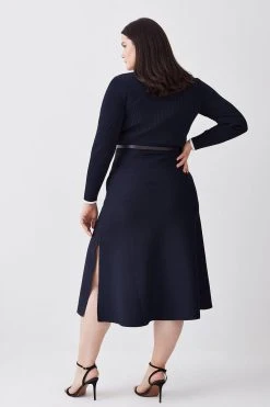 Karen Millen Plus Size Rib Knit Belted Midi Dress -Karen Millen shop navy plus size rib knit belted midi dress 4