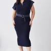 Karen Millen Plus Size Zip Neck Short Sleeve Belted Midi Dress 2 Karen Millen Plus Size Zip Neck Short Sleeve Belted Midi Dress -Karen Millen shop navy plus size zip neck short sleeve belted midi dress
