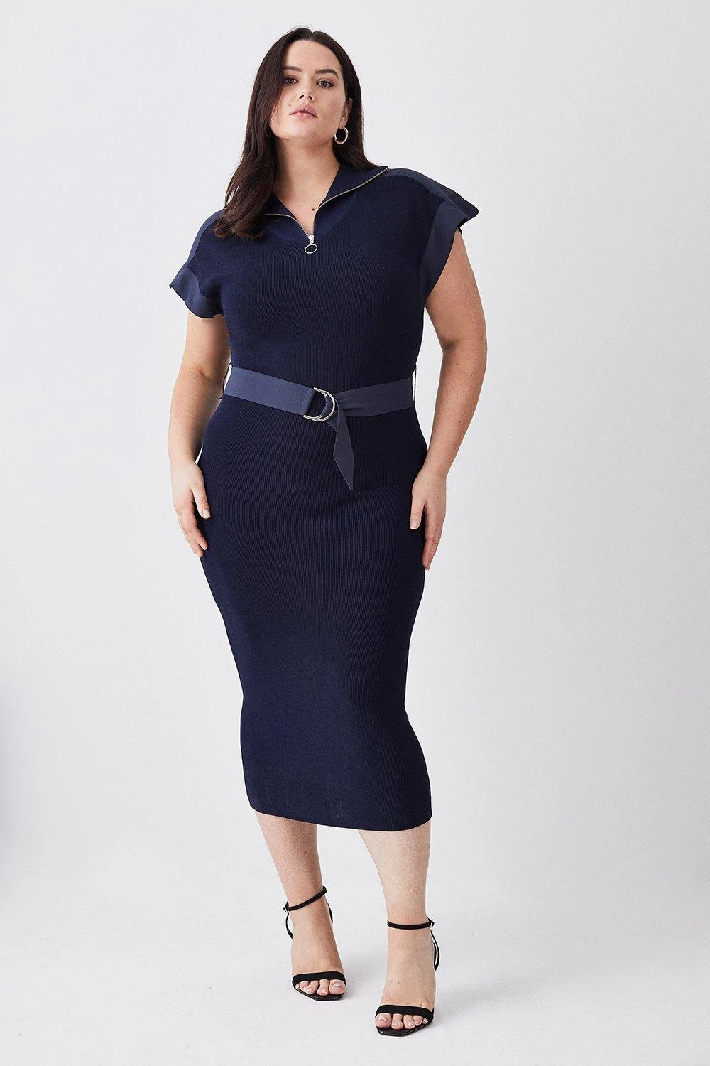 Karen Millen Plus Size Zip Neck Short Sleeve Belted Midi Dress 3 Karen Millen Plus Size Zip Neck Short Sleeve Belted Midi Dress