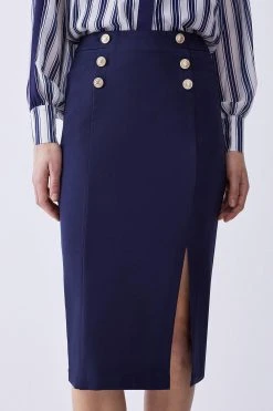 Karen Millen Ponte Button Detail Pencil Midi Skirt -Karen Millen shop navy ponte button detail pencil midi skirt 5