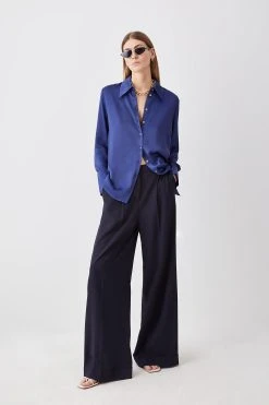Karen Millen Satin Woven Shirt -Karen Millen shop navy satin woven shirt 2