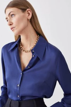 Karen Millen Satin Woven Shirt -Karen Millen shop navy satin woven shirt 3