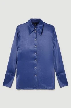 Karen Millen Satin Woven Shirt -Karen Millen shop navy satin woven shirt 4