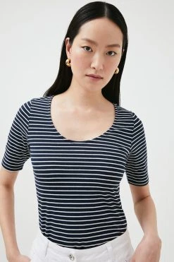 Karen Millen Stripe Cotton Jersey Short Sleeve Top -Karen Millen shop navy stripe cotton jersey short sleeve top 1