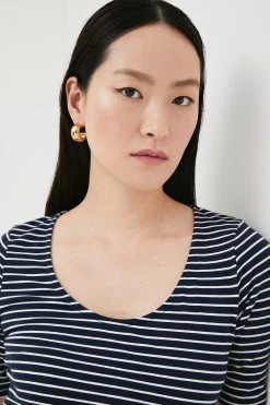Karen Millen Stripe Cotton Jersey Short Sleeve Top -Karen Millen shop navy stripe cotton jersey short sleeve top 2