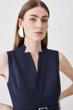 Karen Millen Structured Crepe Forever Pleated Sleeveless Midi Dress -Karen Millen shop navy structured crepe forever pleated sleeveless midi dress 1