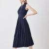 Karen Millen Structured Crepe Forever Pleated Sleeveless Midi Dress -Karen Millen shop navy structured crepe forever pleated sleeveless midi dress