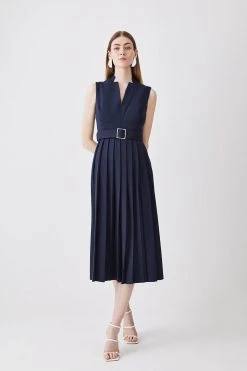 Karen Millen Structured Crepe Forever Pleated Sleeveless Midi Dress -Karen Millen shop navy structured crepe forever pleated sleeveless midi dress 3