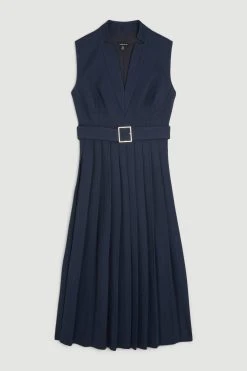 Karen Millen Structured Crepe Forever Pleated Sleeveless Midi Dress -Karen Millen shop navy structured crepe forever pleated sleeveless midi dress 4