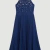 Karen Millen Tall Lace Embellished Halter Pleated Woven Midi Dress -Karen Millen shop navy tall lace embellished halter pleated woven midi dress