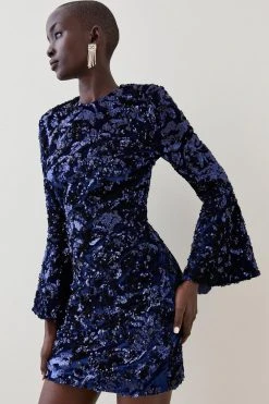 Karen Millen Tall Velvet Sequinned Fluted Woven Mini Dress 9 Karen Millen Tall Velvet Sequinned Fluted Woven Mini Dress -Karen Millen shop navy tall velvet sequinned fluted woven mini dress 2