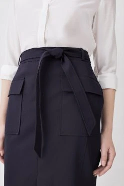 Karen Millen Tall Wool Blend Pocket Detail Midi Skirt -Karen Millen shop navy tall wool blend pocket detail midi skirt 1