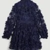Karen Millen Tulle Applique Long Sleeve Mini Dress -Karen Millen shop navy tulle applique long sleeve mini dress
