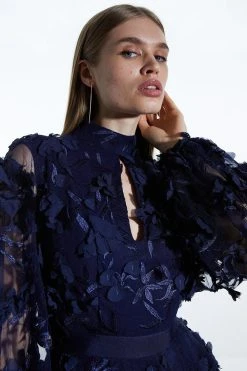 Karen Millen Tulle Applique Long Sleeve Mini Dress -Karen Millen shop navy tulle applique long sleeve mini dress 2