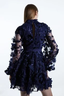 Karen Millen Tulle Applique Long Sleeve Mini Dress -Karen Millen shop navy tulle applique long sleeve mini dress 4