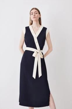 Karen Millen Twill Button Detailed Belted Woven Midi Dress -Karen Millen shop navy twill button detailed belted woven midi dress 3