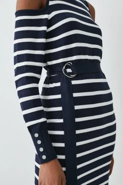 Karen Millen Viscose Blend Knit Cut Out Stripe Midi Dress -Karen Millen shop navy viscose blend knit cut out stripe midi dress 2