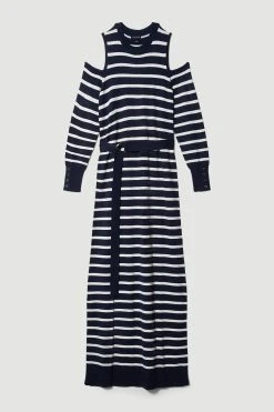 Karen Millen Viscose Blend Knit Cut Out Stripe Midi Dress